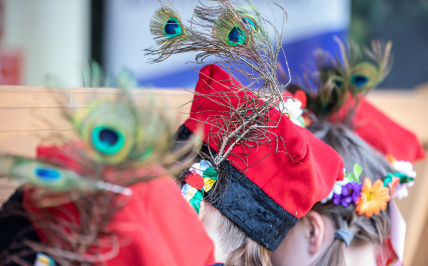 Zbliżenie na głowy dzieci ubrane w regionalne czapki krakowskie z pawimi piórami