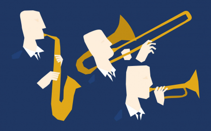 Grafika przedstawiająca trzy osoby grające na instrumentach dętych