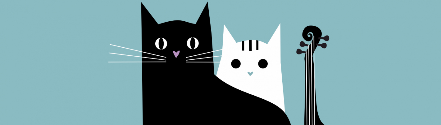 Grafika przedstawiająca dwa koty. Jeden czarny, jeden biały
