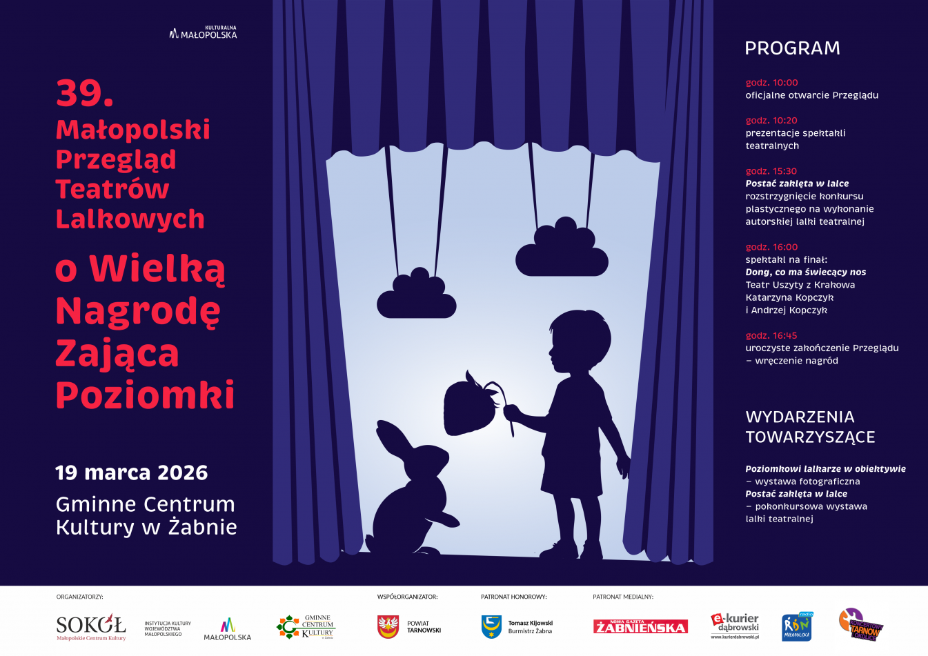 plakat: 39. Małopolski Przegląd Teatrów Lalkowych o Wielką Nagrodę Zająca Poziomki