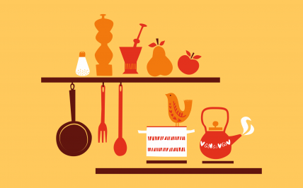 rysunek przedstawiający półki kuchenne wypełnione owocami i sprzętem do gotowania