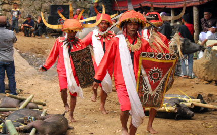 wojownicy podczas ceremonii pogrzebowej w Tana Toraja