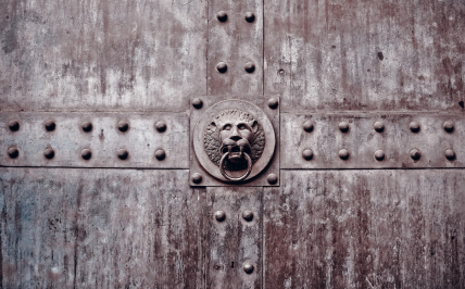 Duża metalowa brama z ozdobną kołatką w kształcie lwa