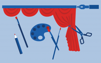 Plansza reklamująca konkurs plastyczny Mały scenograf. Na niebieskim tle umieszczono elementy kojarzące się z teatrem oraz przybory malarskie. Jest czerwona kotara, pędzle oraz paleta malarska, kredka, pióro i nożyczki do wycinania.
