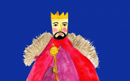 Namalowany obrazek króla w koronie na niebieskim tle, trzymającego berło w ręce