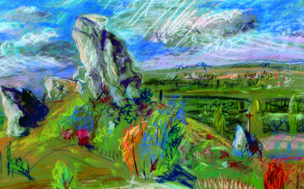 Zielony pejzaż ze skałami, które pionowo sterczą po lewej stronie obrazu. Obraz wyraźnie podzielony jest na dwie części błękitne niebo i zieloną Ziemię. Artysta bardzo ciekawie zaznaczył kształty używając wielu kolorów oraz przeróżnej maści kresek i plam.