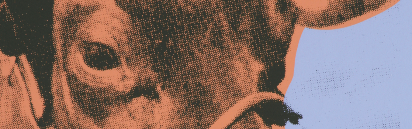 Pomarańczowo - czarne zdjęcie krowiej głowy umieszczone na fioletowym tle.