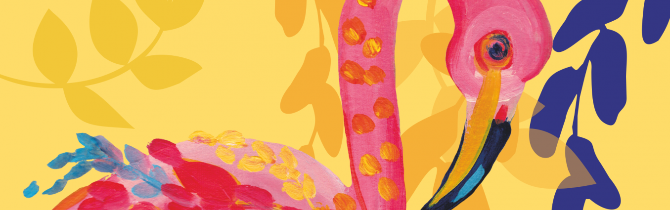 Różowy flaming na żółtym tle. Obraz jest wesoły, malarski z elementami dekoracyjnych gałązek z liśćmi.