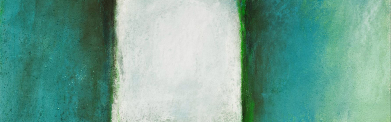 Obraz utrzymany w zielono-niebieskiej kolorystyce. Dzieli się na dwie wyraźnie części, górna to ściana z przejściem-otworem po środku. Dolna część to podłoże, być może trawa bo jest zielone.