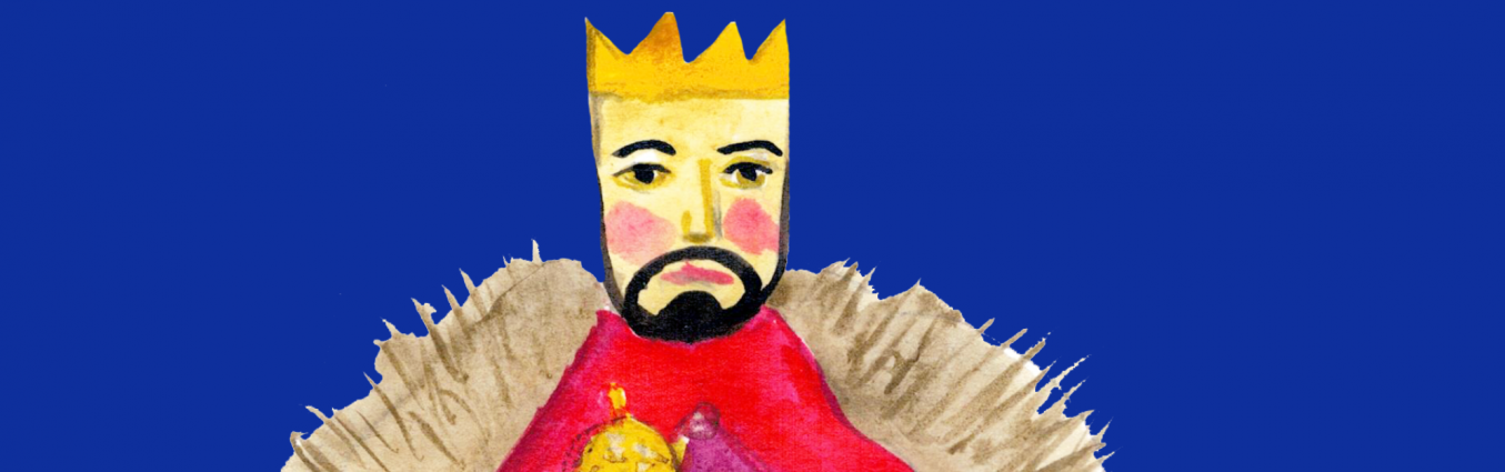 Namalowany obrazek króla w koronie na niebieskim tle, trzymającego berło w ręce