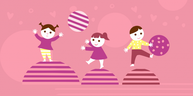 troje dzieci bawi się piłką