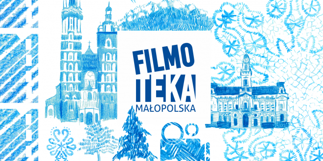 Napis Filmoteka Małopolska na tle narysowanych na niebiesko ratusza, kościoła, bociana i drzew