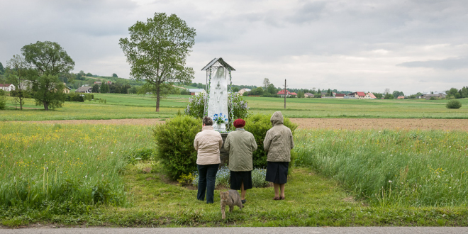 Przydrożna kapliczka z figurą Maryi.