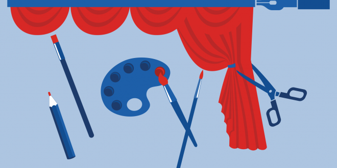 Plansza reklamująca konkurs plastyczny Mały scenograf. Na niebieskim tle umieszczono elementy kojarzące się z teatrem oraz przybory malarskie. Jest czerwona kotara, pędzle oraz paleta malarska, kredka, pióro i nożyczki do wycinania.