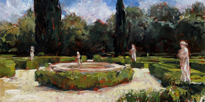 obraz przedstawia ogód z kwiatami, drzewami i czterema posągami