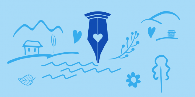 ilustracja stalówki na tle górskiego krajobrazu