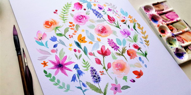 Praca malarska przedstawiająca kolorowa kompozycje kwiatów. .
