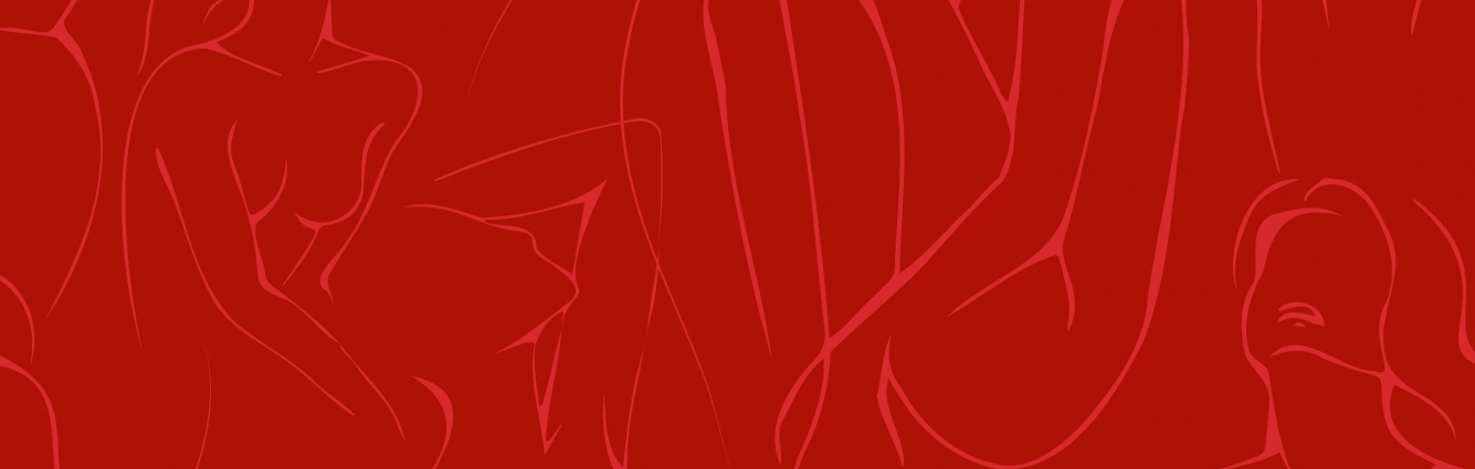 plansza w kolorze czerwonym, na niej narysowane postacie kobiet