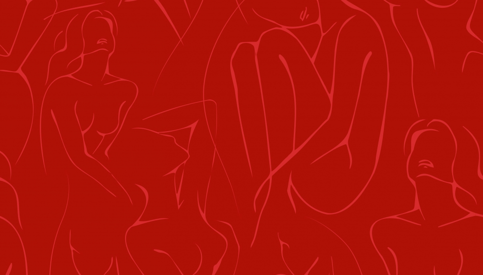 plansza w kolorze czerwonym, na niej narysowane postacie kobiet