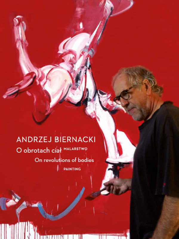 Catalog cover. It is very distinctive due to the use of a very red background. On the right side there is a reproduction of one of the painter's paintings with his image. On the left side there is the text: Andrzej Biernacki, "On the rotation of bodies" painting, May 14 - June 13, 2021. The reproduction shows a human in a very dynamic pose. He gives the impression that he is falling with his hands down from a great height, he twists slightly, his mouth is open. The man is naked. The color of his pale, even white skin stands out against the background of the red background. To emphasize the contours of the human body, the artist also used black and red, which when mixed with white on some parts of the body turns pink.