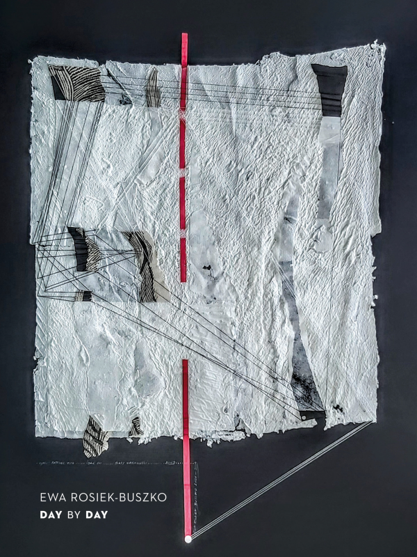 Black background. In the center there is a work made of white, handmade paper. The paper is not tief but with texture. They are ragged in several places, holes are made. Work that is cut is supported by black and white lines. By intermittent work, dashed lines.